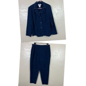 VTG Jessica Howard 2 PC Pant Set Velvet Navy Blue Pants & Blazer Jacket Women 18